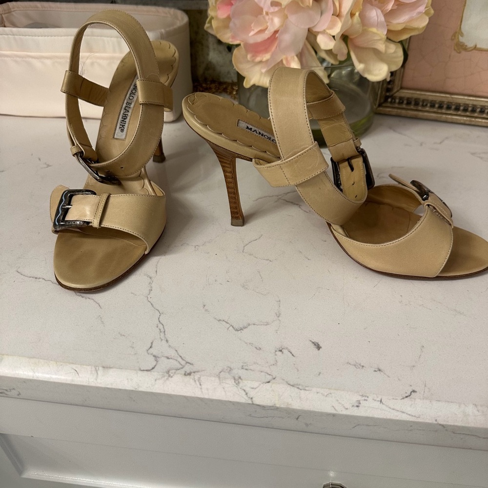 Manolo Blahnik Tan Heels with Buckle Detail